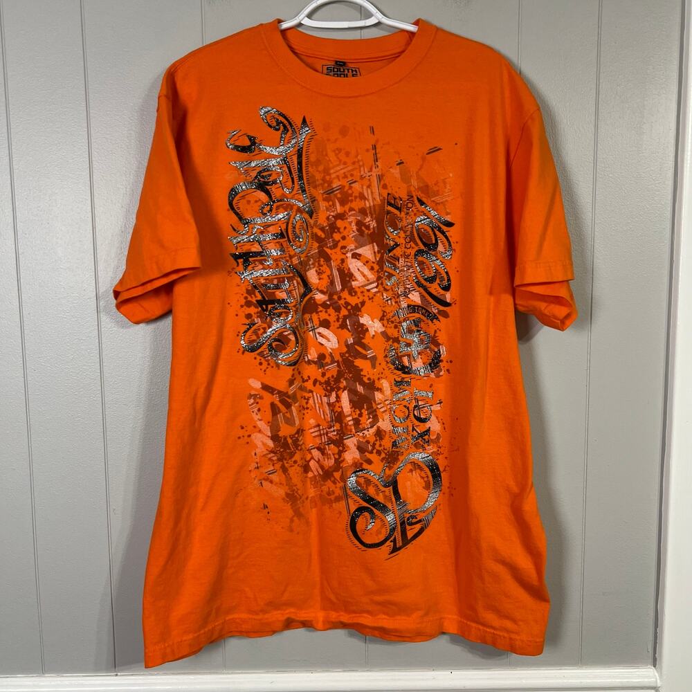 Southpole Mens 2XL Orange Graphic T Shirt Metallic Silver Hip Hop Streetwear